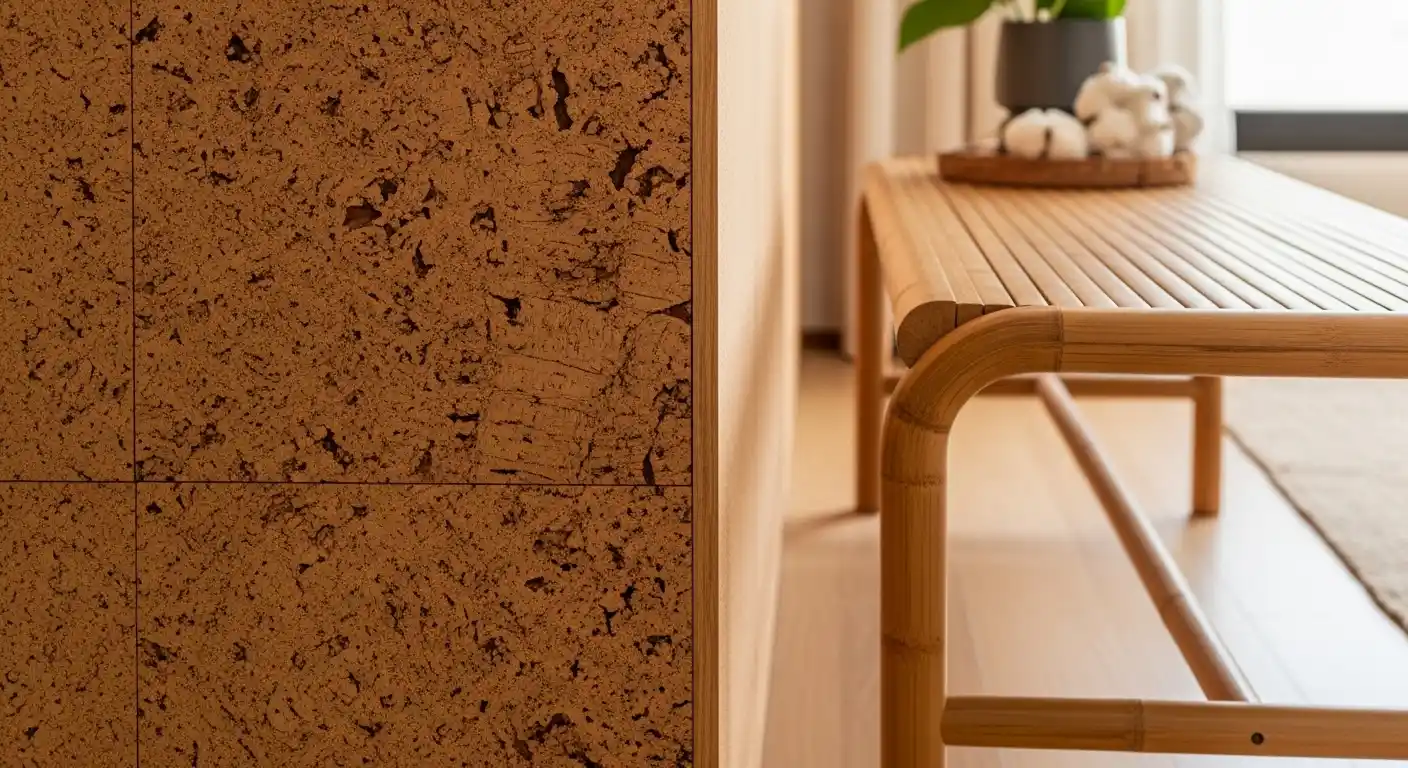Detalhe de uma parede revestida com painéis de cortiça e, ao lado, um banco de bambu, exemplificando materiais sustentáveis.