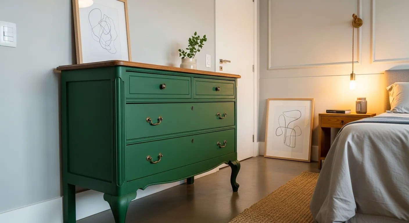 Cômoda de madeira antiga, restaurada e pintada em um tom de verde escuro, destacando-se em um quarto moderno.