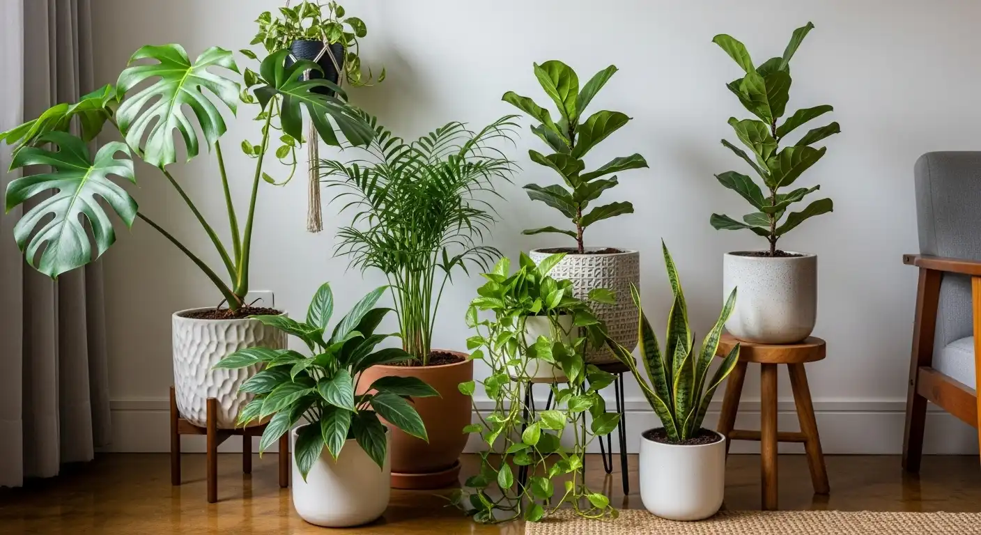 Canto de uma sala de estar repleto de plantas de diferentes espécies e tamanhos, criando um efeito de 'urban jungle'.