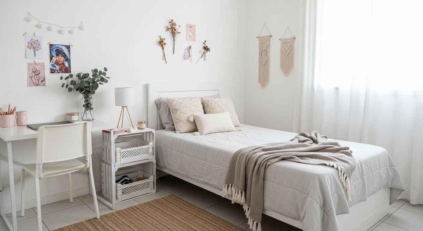 Quarto de jovem brasileira com decoração criativa e econômica, refletindo personalidade e aconchego