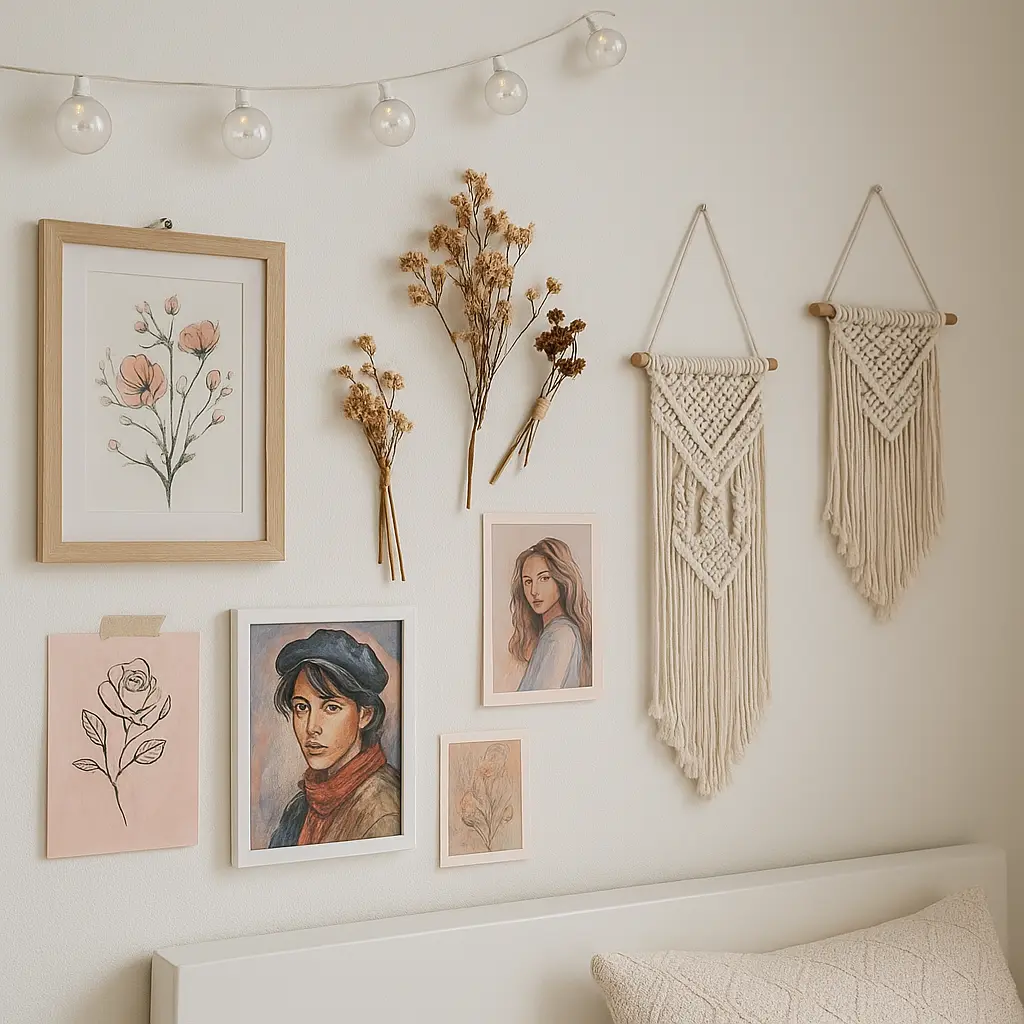 Parede de quarto com decoração estratégica (acessórios pendurados), adicionando personalidade com baixo custo