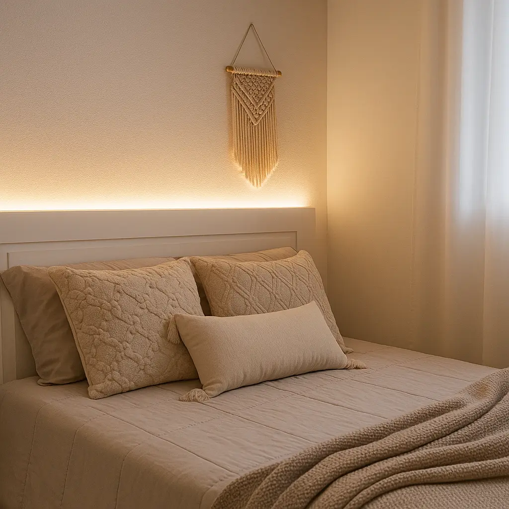 Detalhe de fita de LED atrás da cabeceira da cama, criando uma iluminação de efeito acolhedora