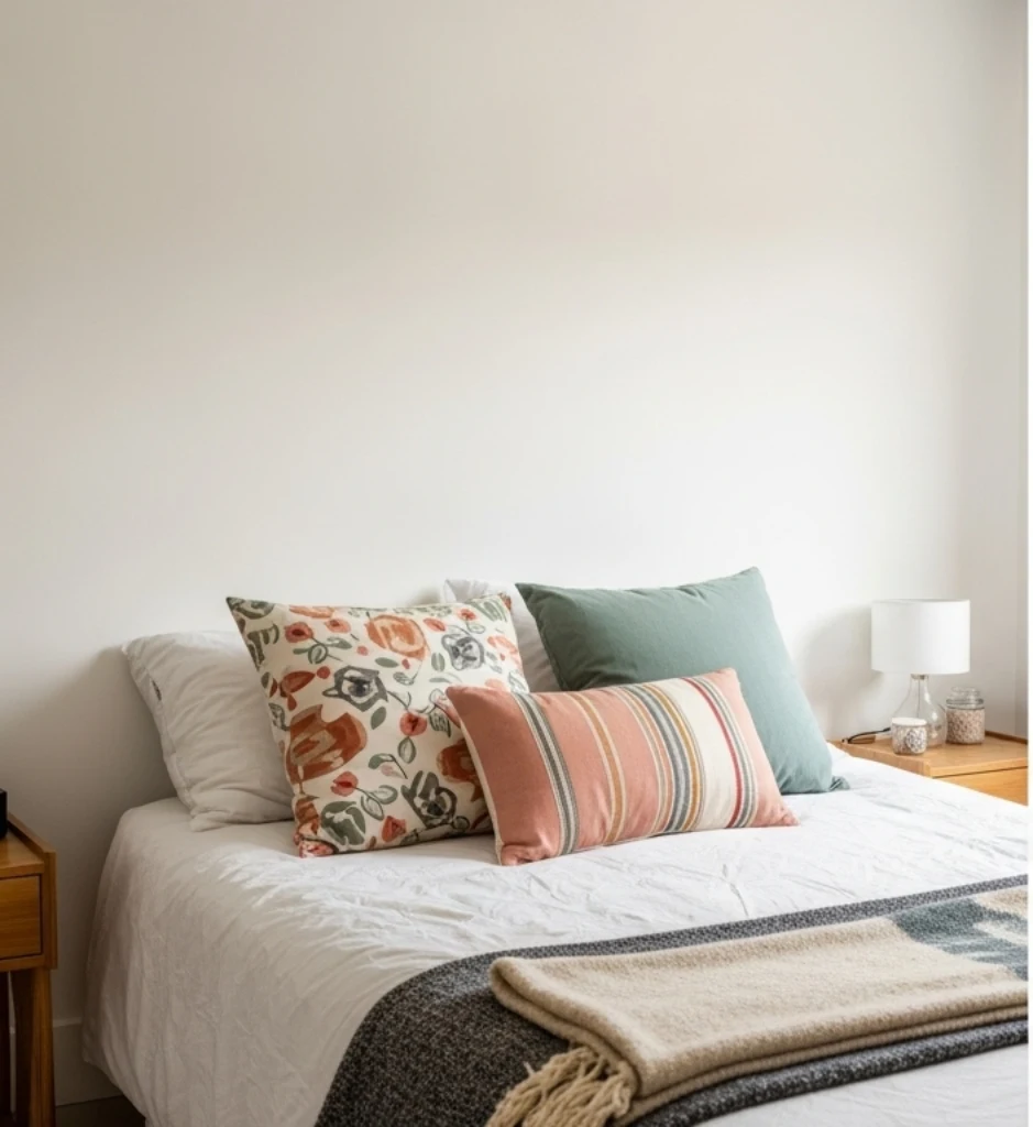 Cama com almofadas de capas novas e mantas coloridas, mostrando o poder dos têxteis na renovação do quarto