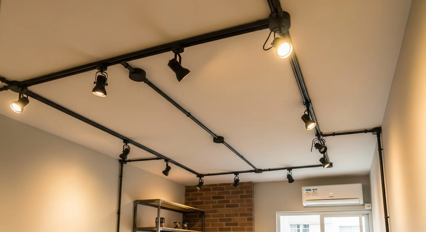 Teto de uma kitnet com fiação elétrica passada por dentro de eletrodutos de PVC pintados de preto, com spots de luz direcionáveis.