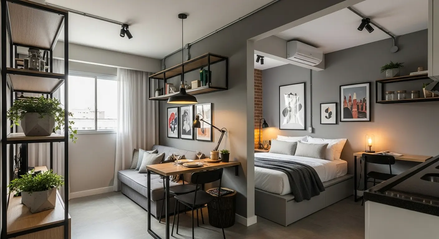 Uma kitnet pequena e estilosa com decoração industrial, destacando uma parede de tijolinhos, móveis de metal e madeira, e iluminação com eletrodutos aparentes.