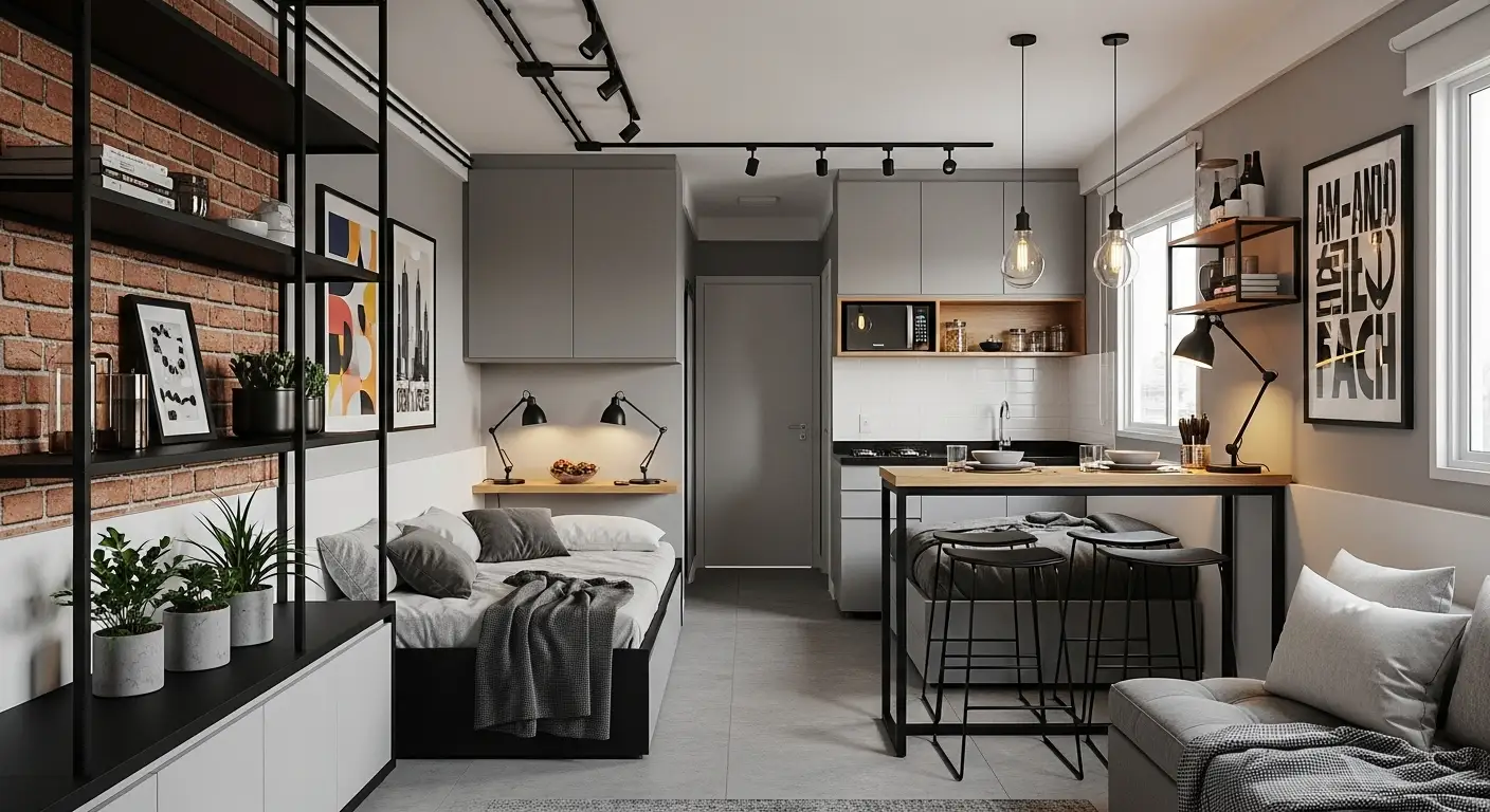 Kitnet com decoração industrial onde predominam as cores cinza, preto e branco, com toques de madeira para aquecer.