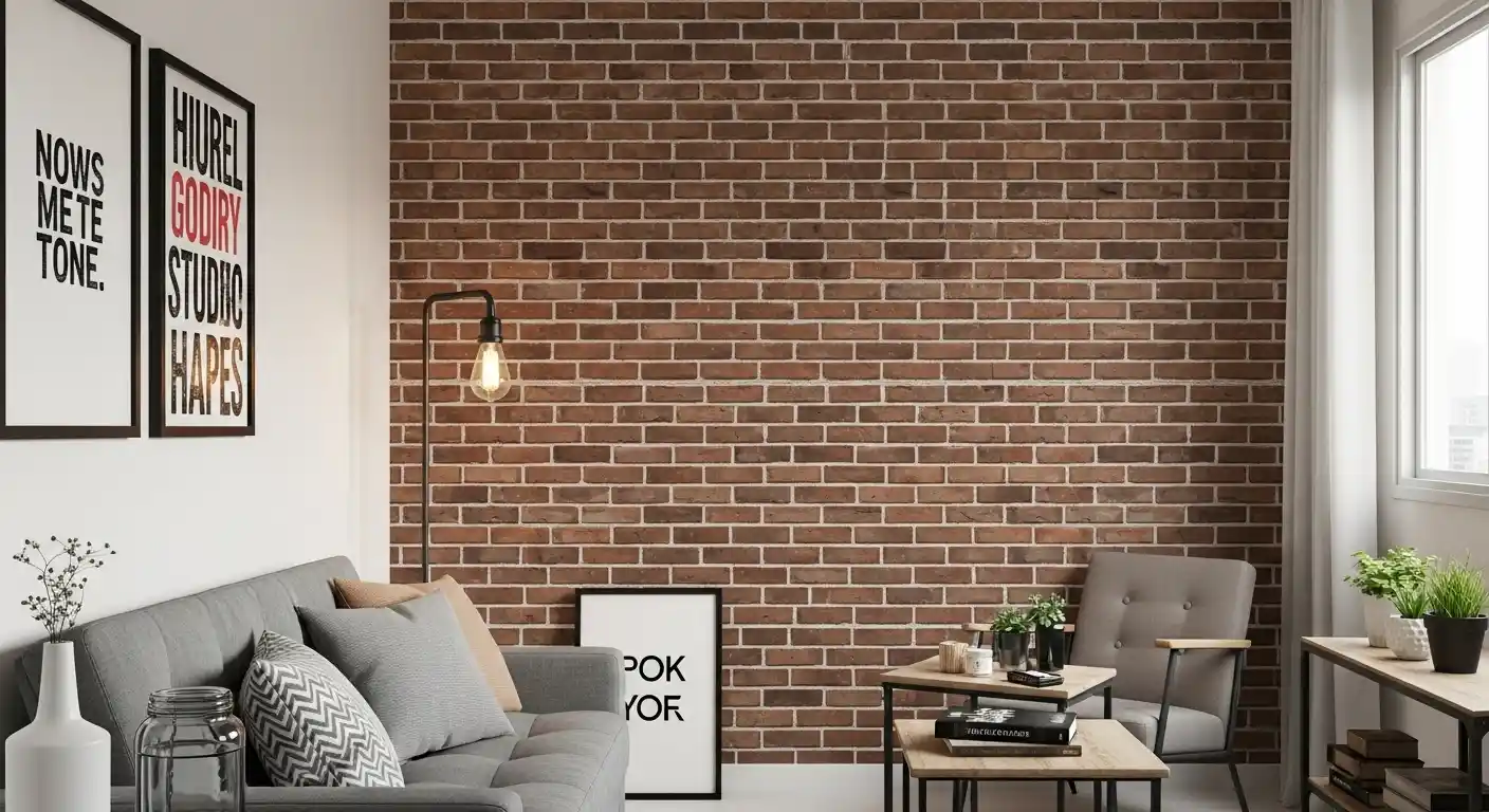 Parede de uma sala de kitnet coberta com papel de parede adesivo que imita tijolinhos brancos, criando um ponto focal industrial.