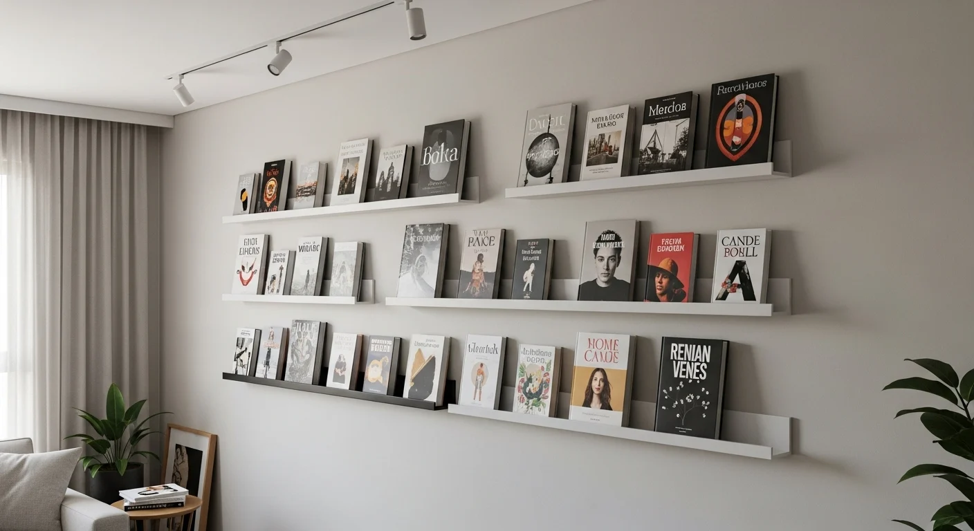 Prateleiras de livros estilizada com pilhas de livros na horizontal e vertical, intercalados com plantas e objetos decorativos, mostrando como usar livros na decoração.