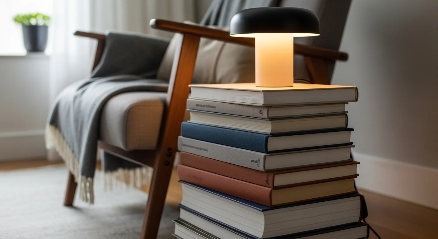 Uma pilha de livros grandes e de capa dura ao lado de uma poltrona, com uma pequena luminária em cima, funcionando como uma mesa lateral.