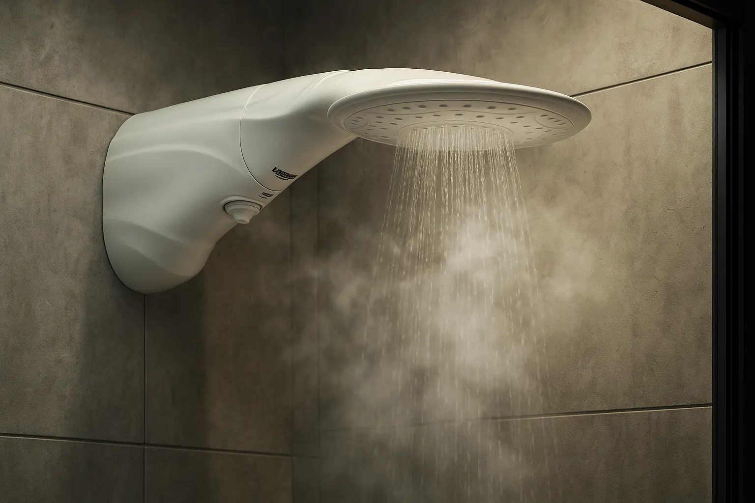 Banheiro moderno e aconchegante com destaque para um chuveiro com jato de água forte e volumoso, ideal para o inverno.