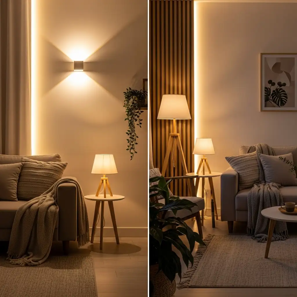 Sala com iluminação indireta, abajures e luzes quentes, criando um ambiente intimista e relaxante.