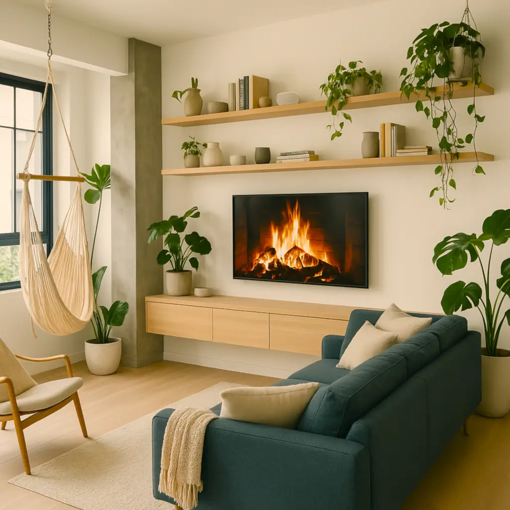 Sala de estar com várias plantas verdes em vasos de diferentes tamanhos, trazendo vida e frescor ao ambiente.