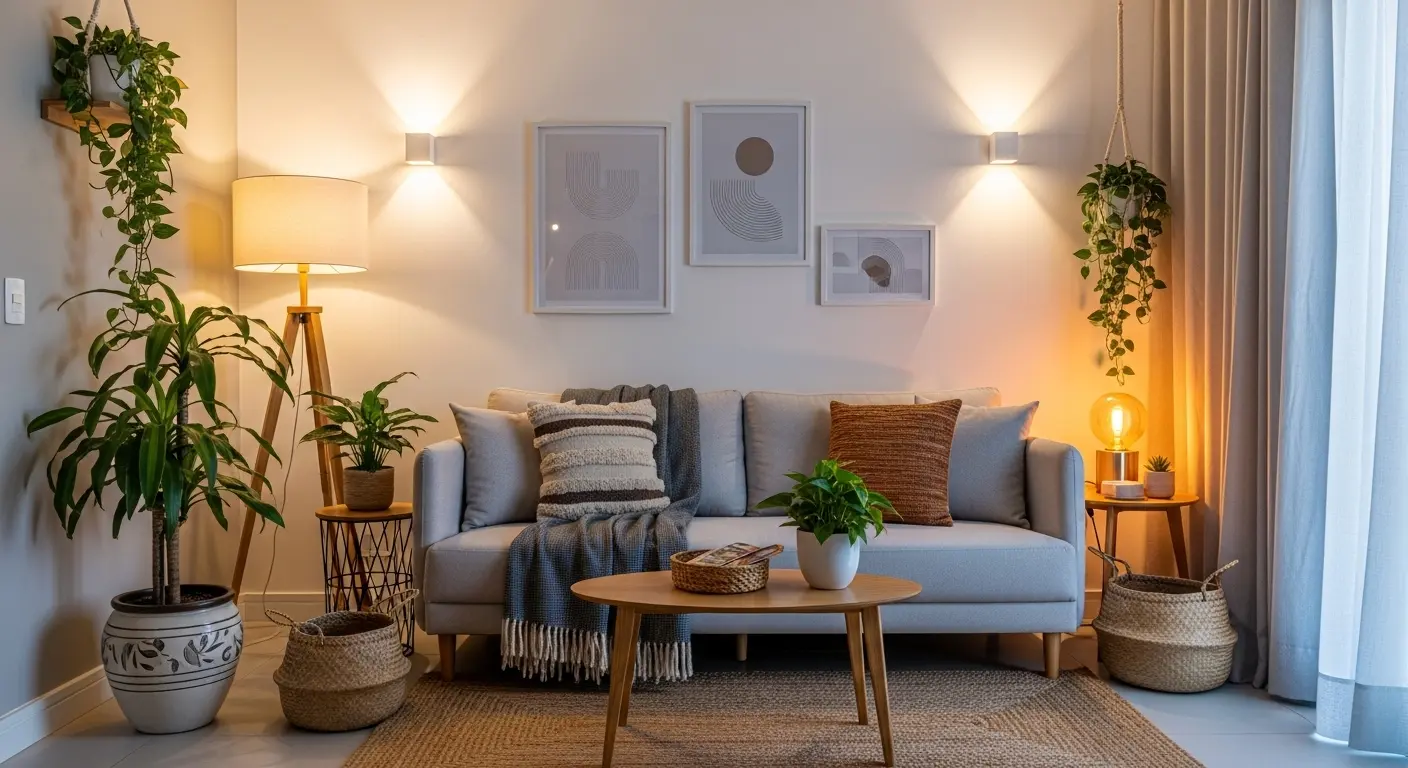 Sala de estar moderna e aconchegante com sofá macio, almofadas texturizadas, luzes quentes e plantas, criando um ambiente convidativo.