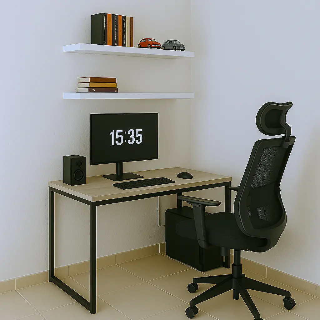 Mesa de escritório estilo industrial na cor Amadeirado com estrutura Metalon Preto