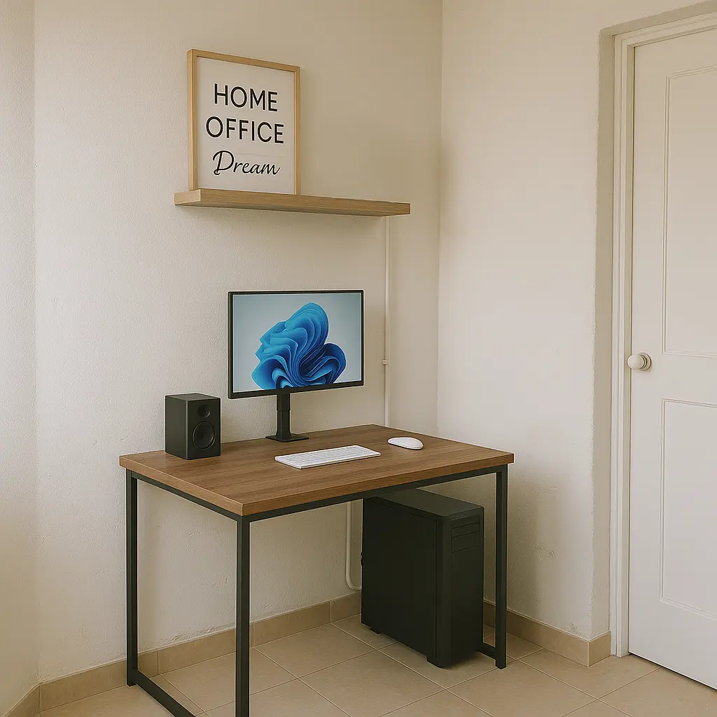 Mesa de escritório estilo industrial na cor Nogal com estrutura Metalon Preto