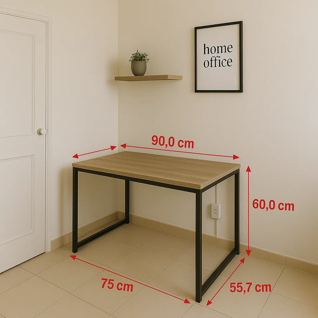 Mesa office industrial com medidas em um pequeno espaço de quarto