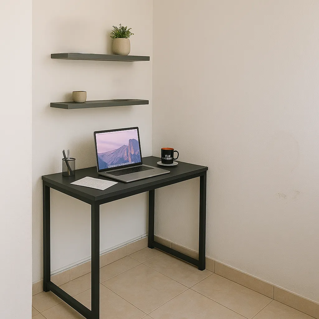 Mesa de escritório estilo industrial na cor Preto Ônix com estrutura Metalon Preto