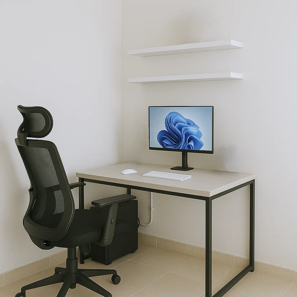 Mesa de escritório estilo industrial na cor SNOW com estrutura Metalon Preto