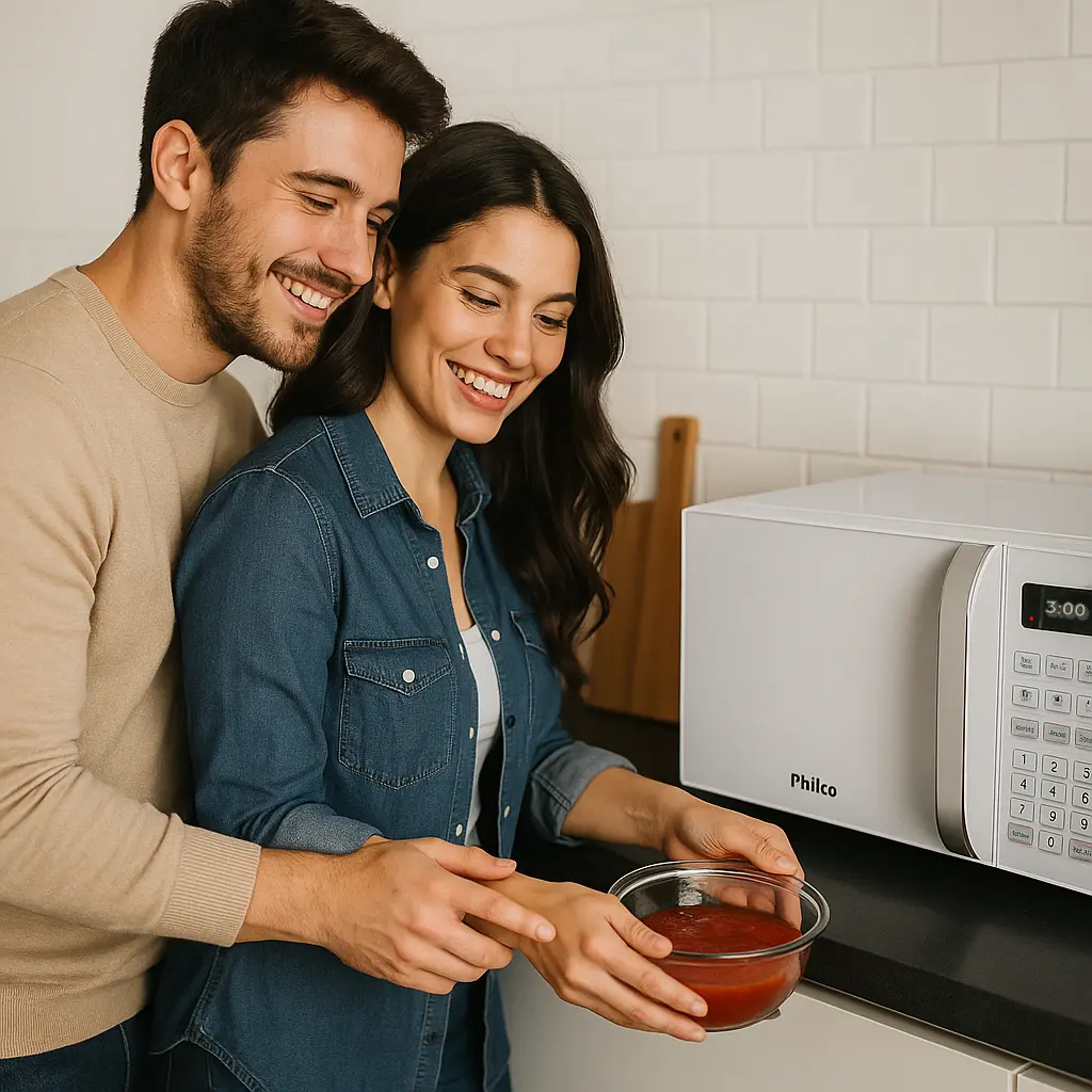 Casal feliz aquecendo alimento no Micro-ondas Philco