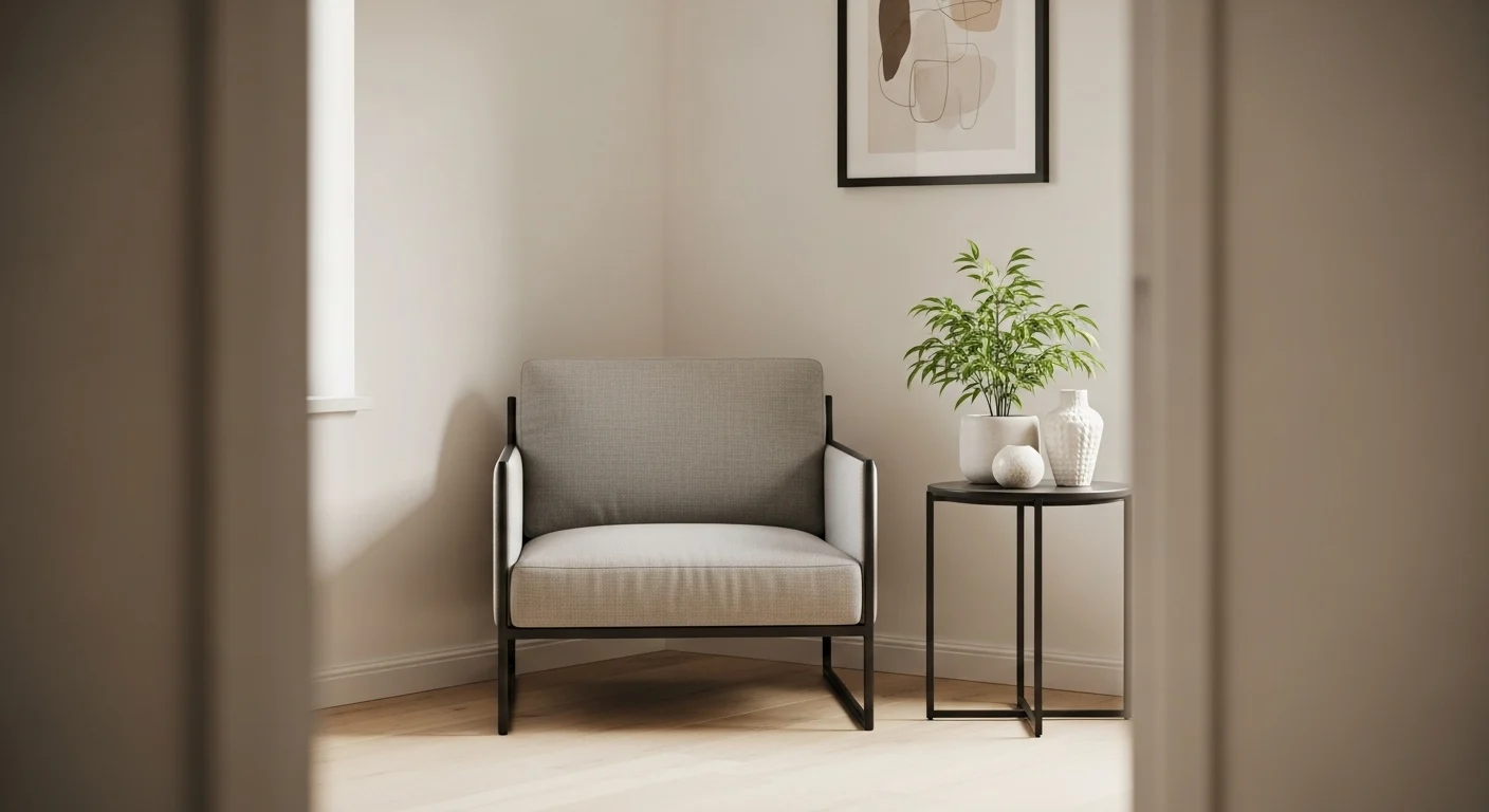 Sala de estar organizada e minimalista, com poucos objetos decorativos, mostrando o resultado do 'destralhe' para um visual mais moderno.