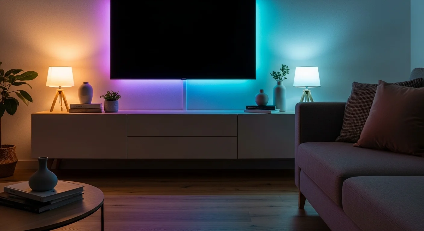 Sala de estar com fitas de LED coloridas atrás do painel da TV e lâmpadas inteligentes em abajures, criando um ambiente moderno e personalizável.