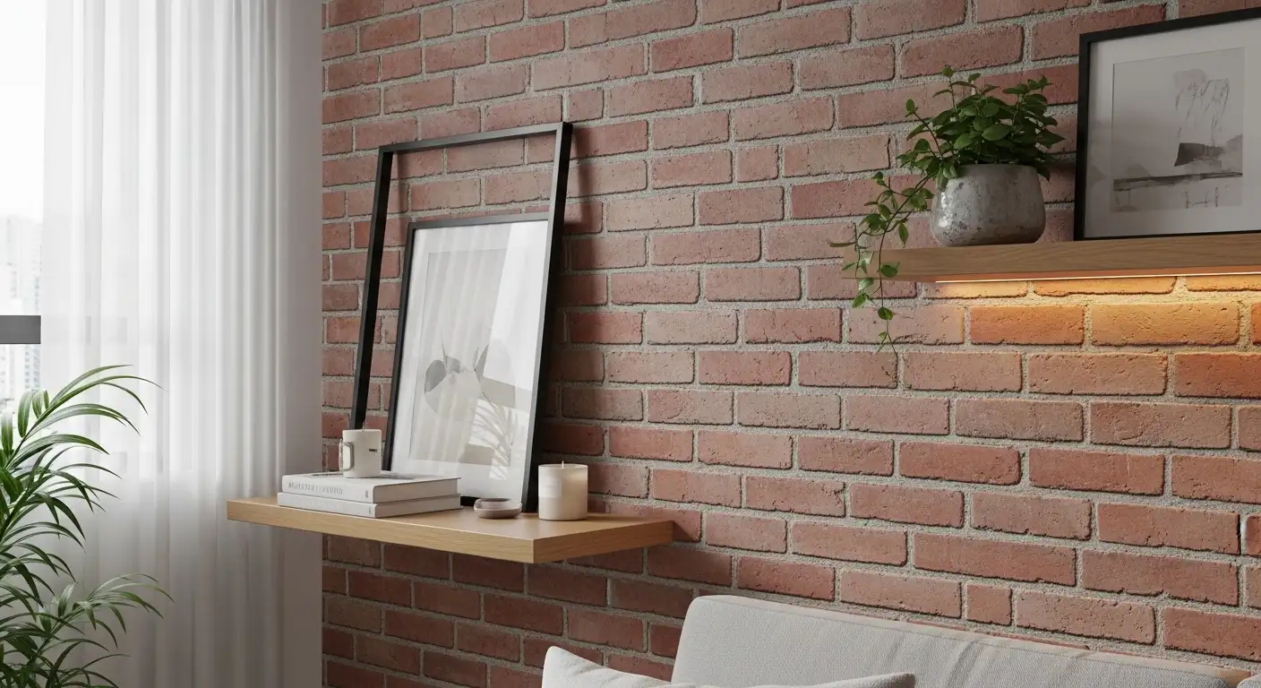 Close de parede de sala renovada com papel de parede autocolante de tijolinhos, mostrando como adesivos e papéis peel and stick modernizam ambientes sem reforma.