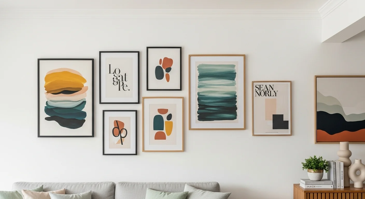 Parede de uma sala decorada com uma composição de quadros com arte abstrata e pôsteres minimalistas, conferindo um ar moderno ao ambiente.