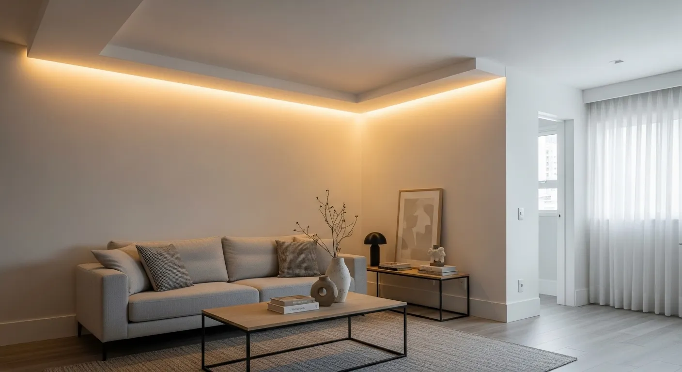 Sala de estar com decoração moderna, iluminação de LED indireta, poucos objetos decorativos e uma paleta de cores neutras, mostrando como modernizar a casa gastando pouco.
