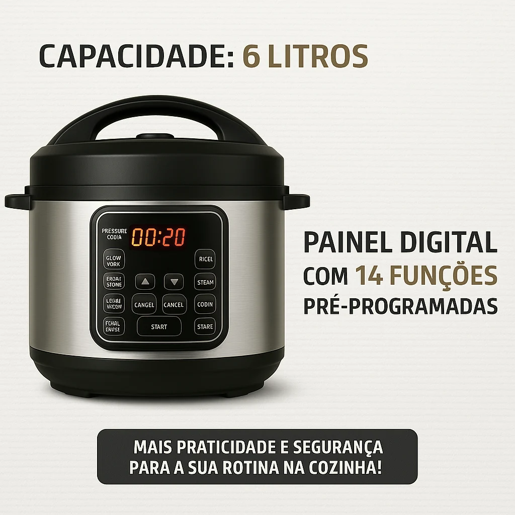 Detalhes do painel de controle digital da panela de pressão elétrica com várias opções de preparo