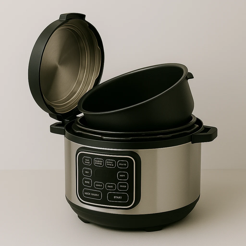 Panela de pressão elétrica com acabamento em aço escovado integrada perfeitamente à decoração da cozinha moderna
