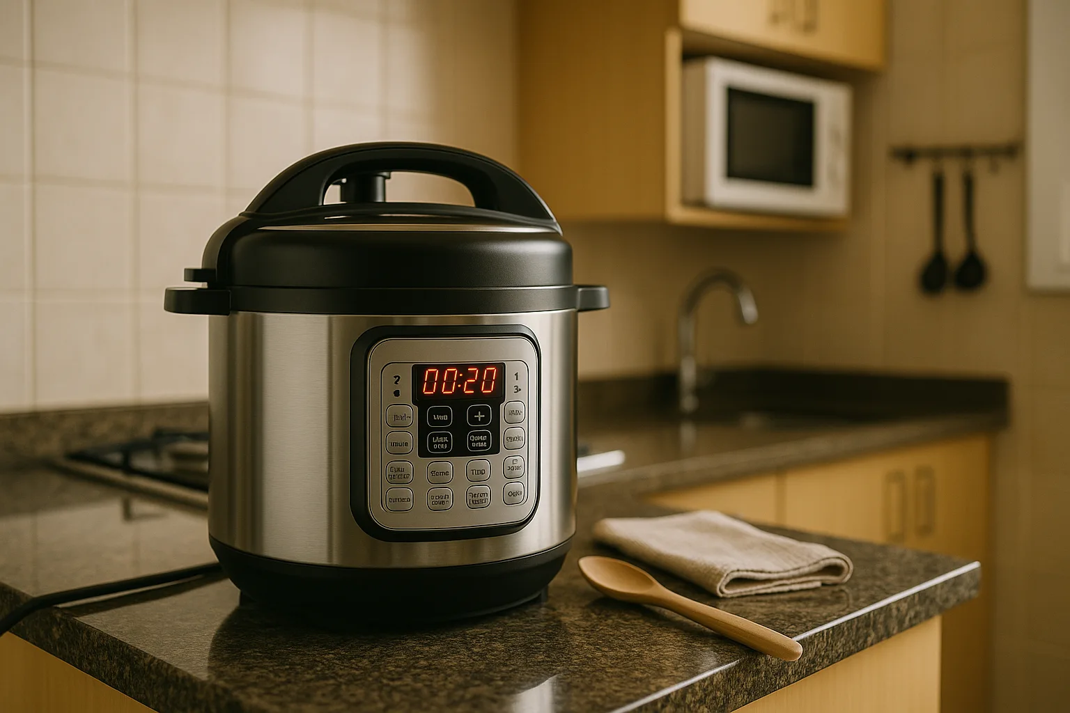 Panela de pressão elétrica moderna em destaque numa cozinha contemporânea e bem iluminada