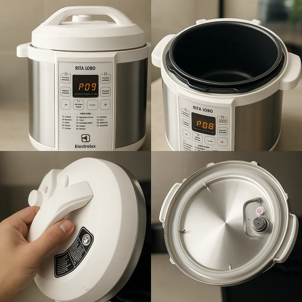 Compilado de fotos da Panela de Pressão Elétrica Electrolux Branca, mostrando suas funções e versatilidade.
