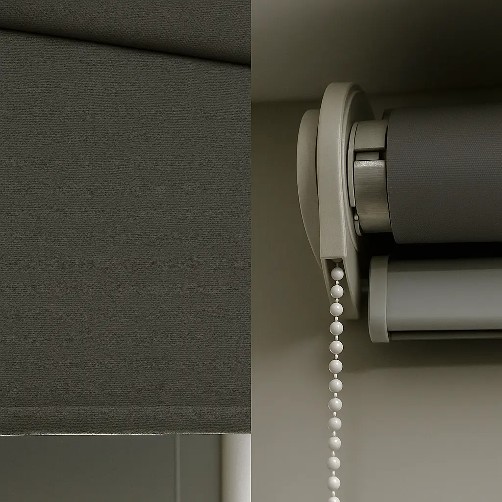Detalhes de persiana blackout instalada em janela, mostrando o tecido que bloqueia a luz e seu encaixe perfeito