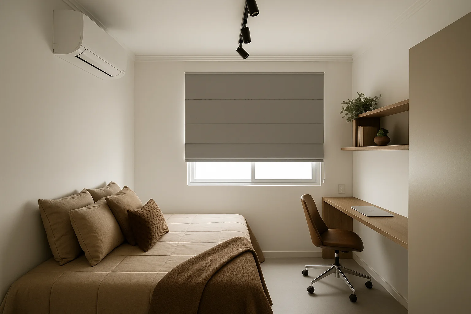 Quarto aconchegante com persiana blackout fechando, bloqueando a luz externa