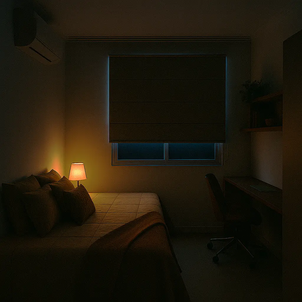 Quarto completamente escuro, com cortina blackout fechada, simulando a escuridão ideal para o sono profundo