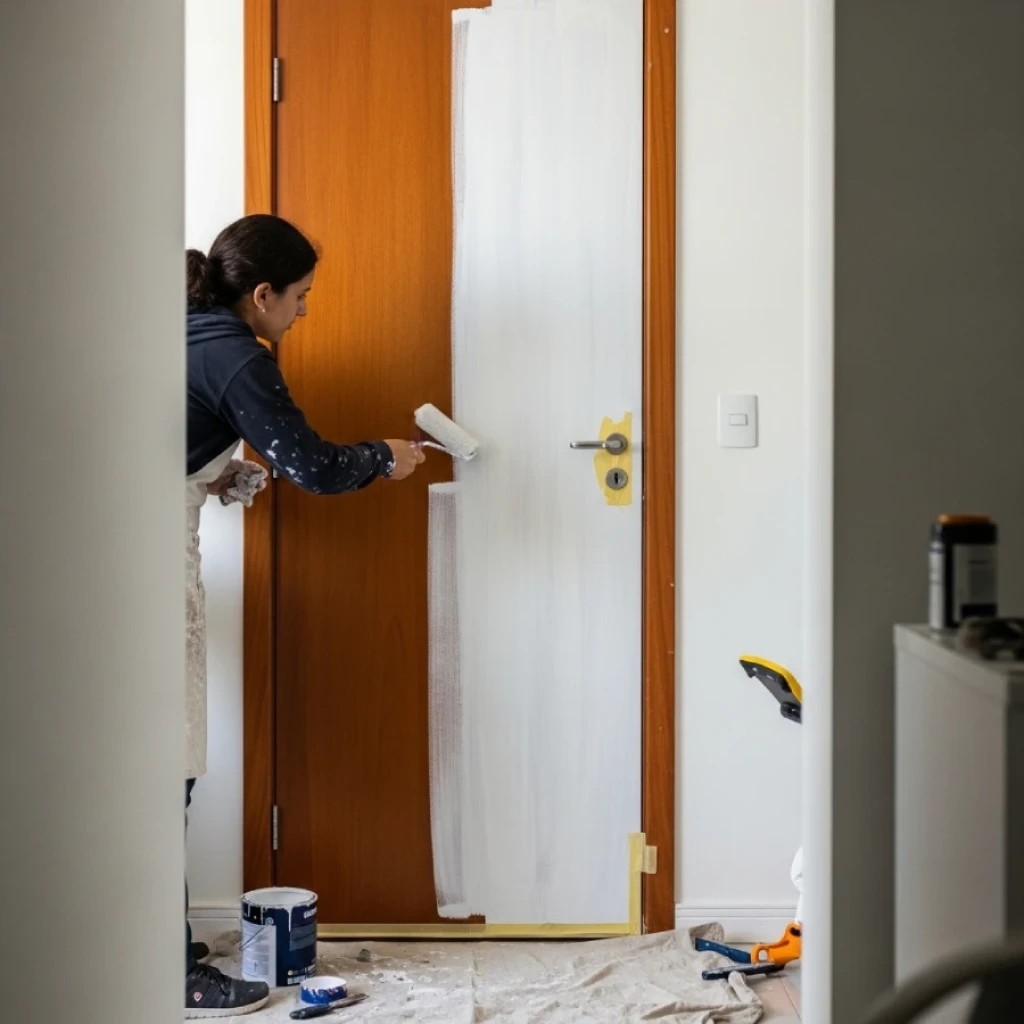Pessoa pintando uma porta de madeira com tinta esmalte branca, mostrando o processo DIY de transformação