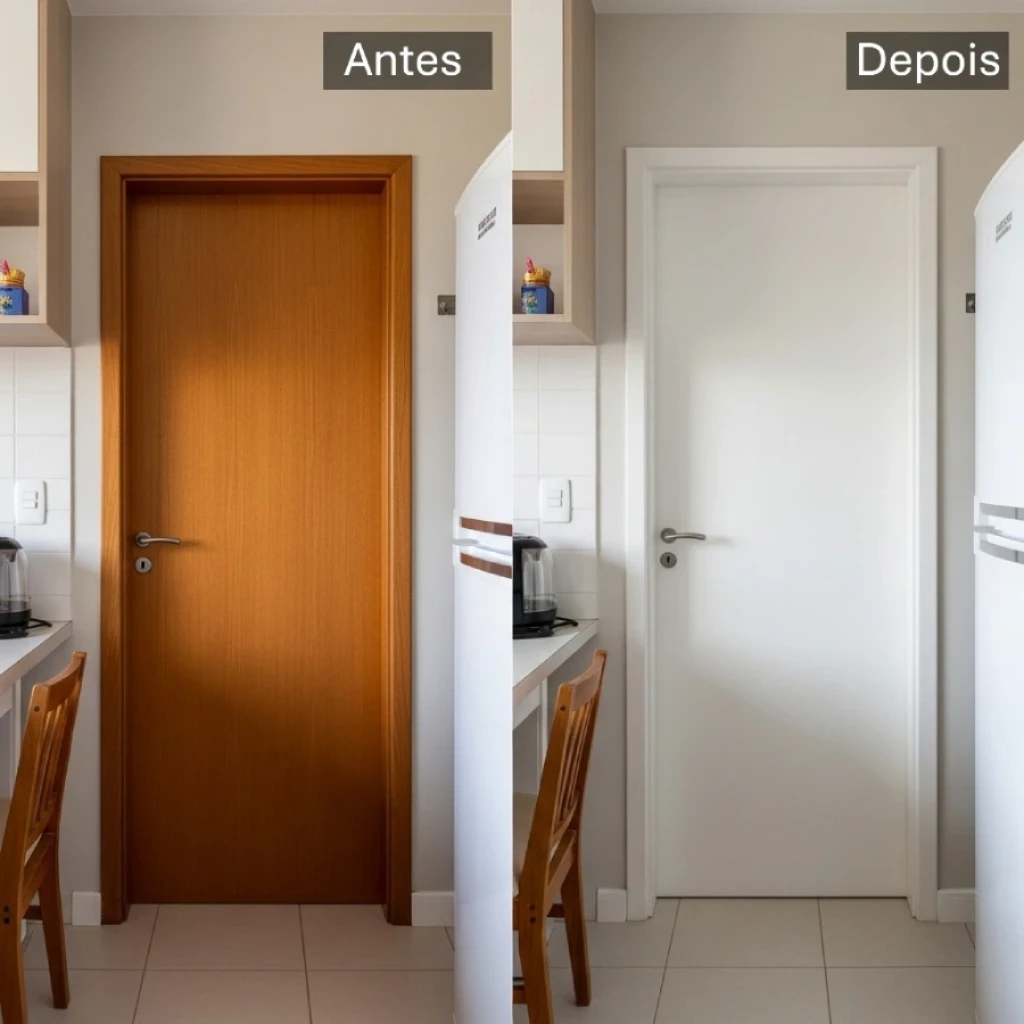 Comparativo visual de um ambiente pequeno com portas escuras e portas brancas, mostrando a diferença na sensação de amplitude