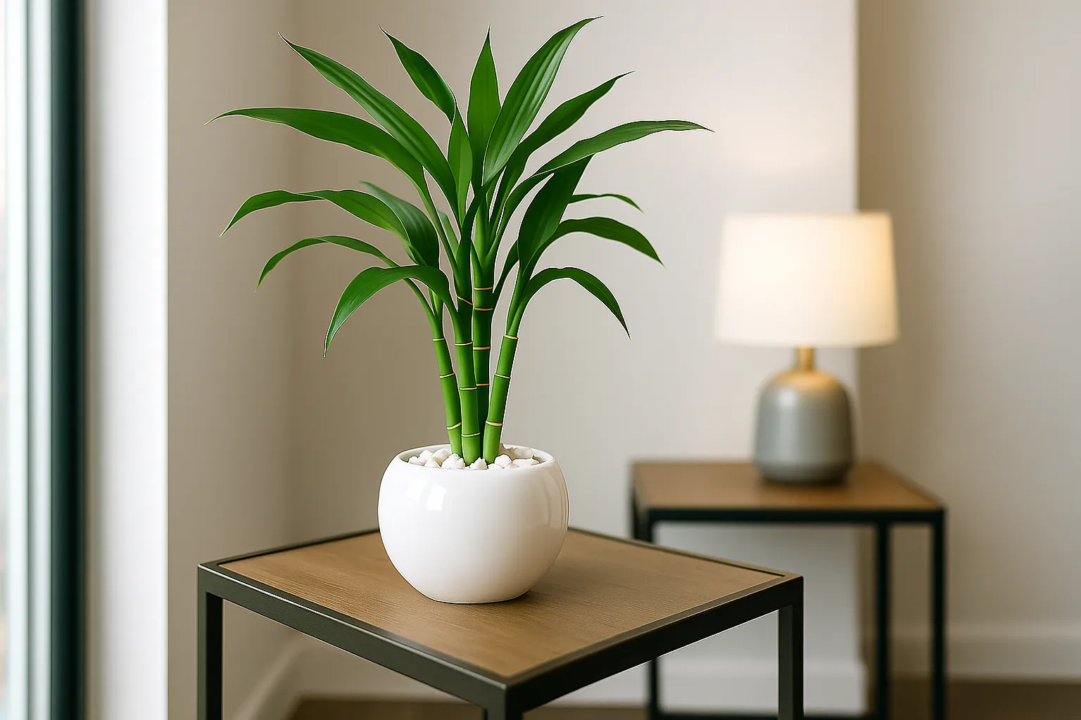 Arranjo elegante de Bambu da Sorte em vaso de vidro com água e pedras, em um ambiente de casa clean