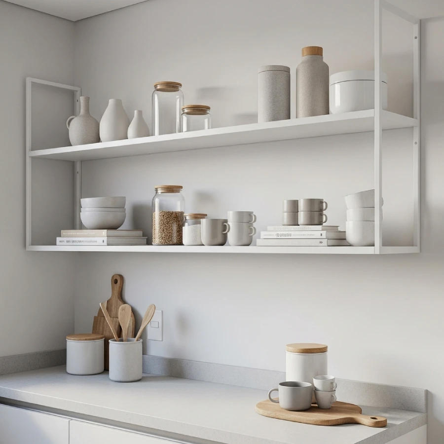 Prateleiras flutuantes de design moderno em cozinha compacta, com objetos minimalistas e decorativos