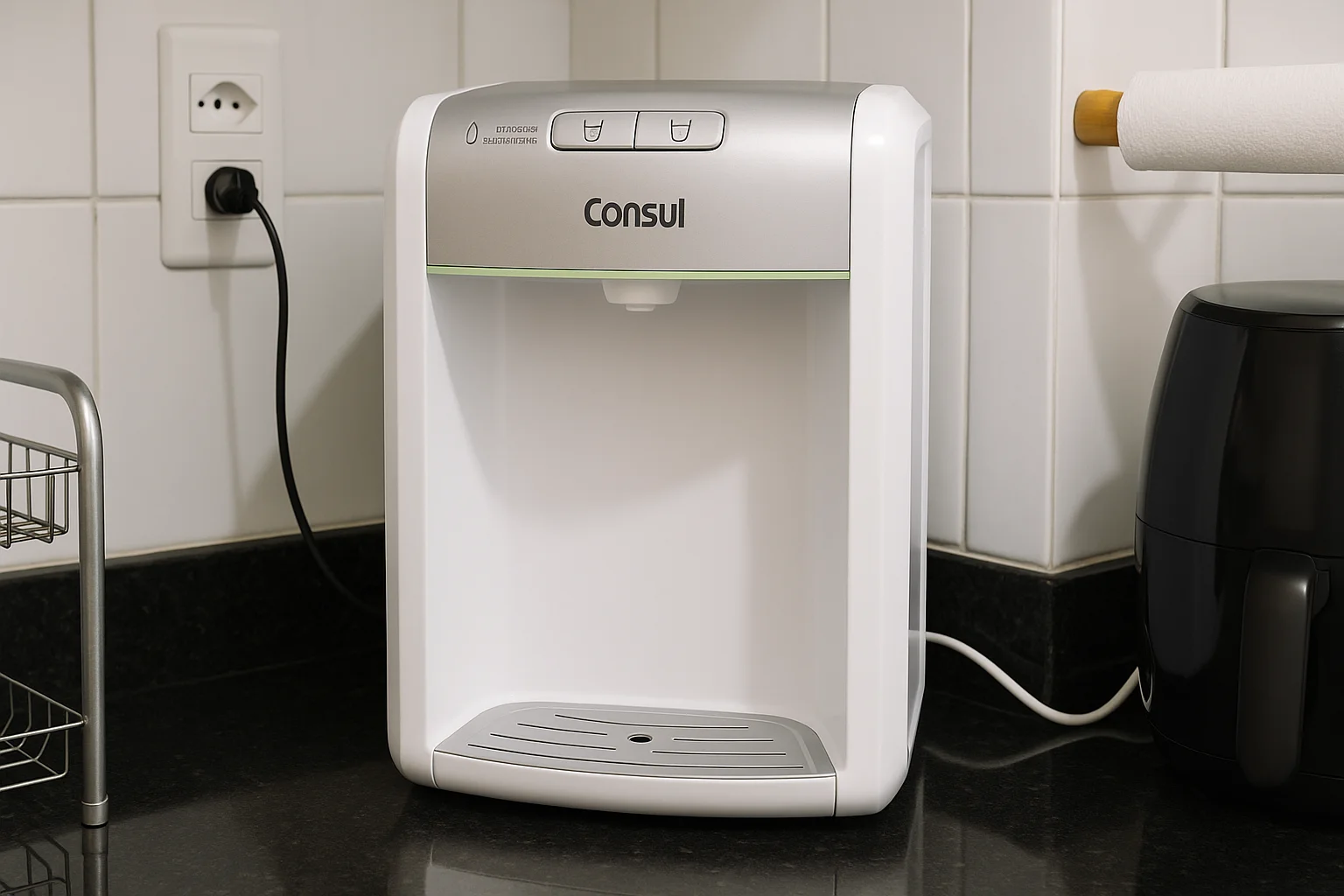 Cozinha moderna com um purificador de água instalado na parede, e uma pessoa enchendo um copo com água cristalina.