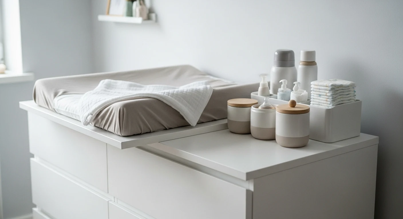 Cômoda branca com trocador em cima. Ao lado, um kit higiene com potes, garrafa térmica e fraldas, tudo perfeitamente organizado.