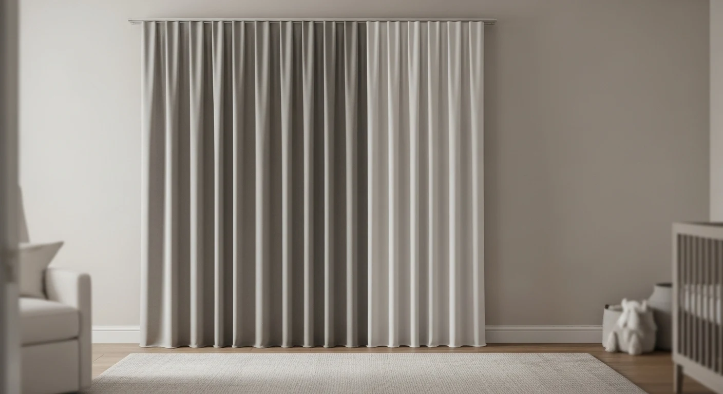 Quarto de bebê com uma cortina blackout que escurece o ambiente e um tapete macio e lavável no chão, criando um espaço silencioso e aconchegante.