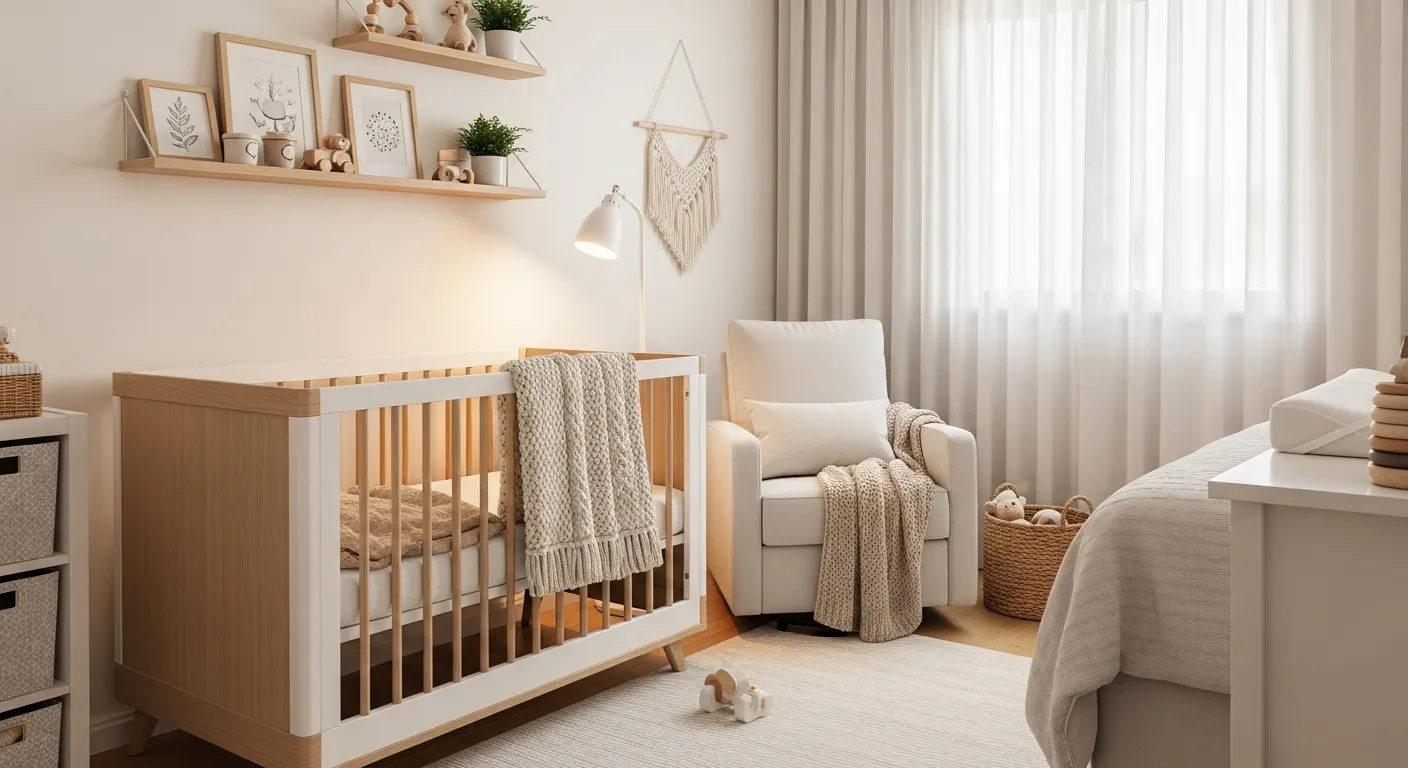 Quarto de bebê com decoração neutra e aconchegante, mostrando um berço seguro, poltrona de amamentação e boa iluminação.