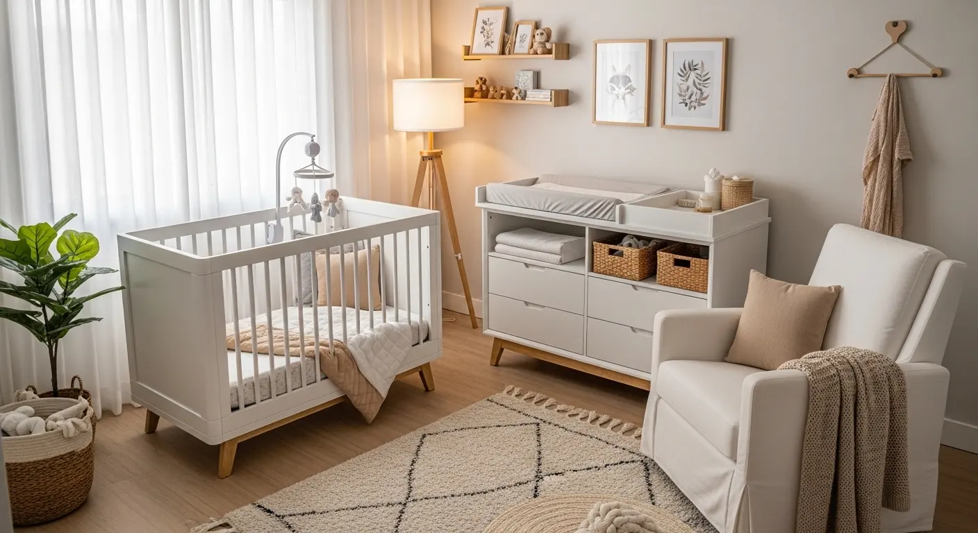 Visão geral de um quarto de bebê mostrando o 'triângulo funcional': o berço, uma cômoda com trocador e uma poltrona de amamentação próxima.