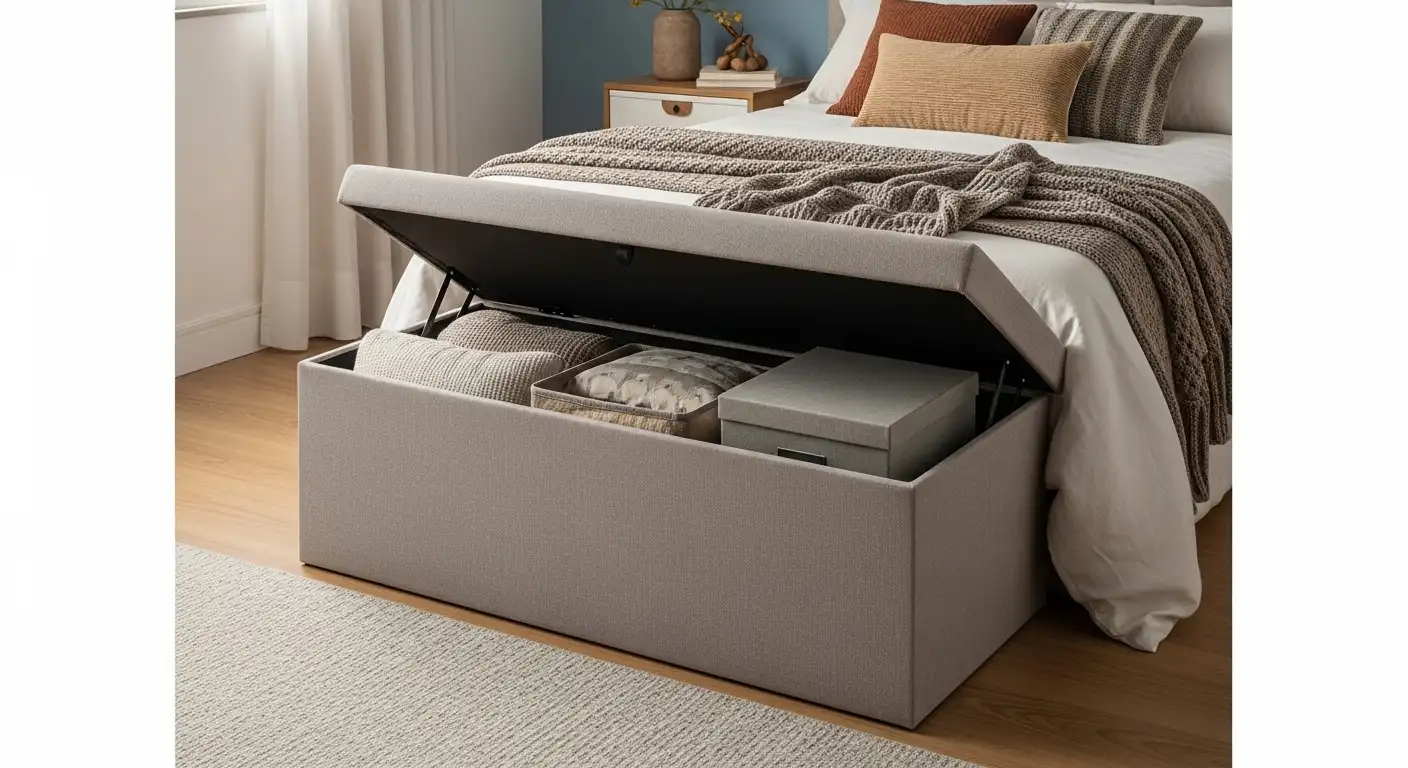 Um pufe em formato de baú estofado posicionado aos pés da cama, servindo como assento e local para guardar objetos.