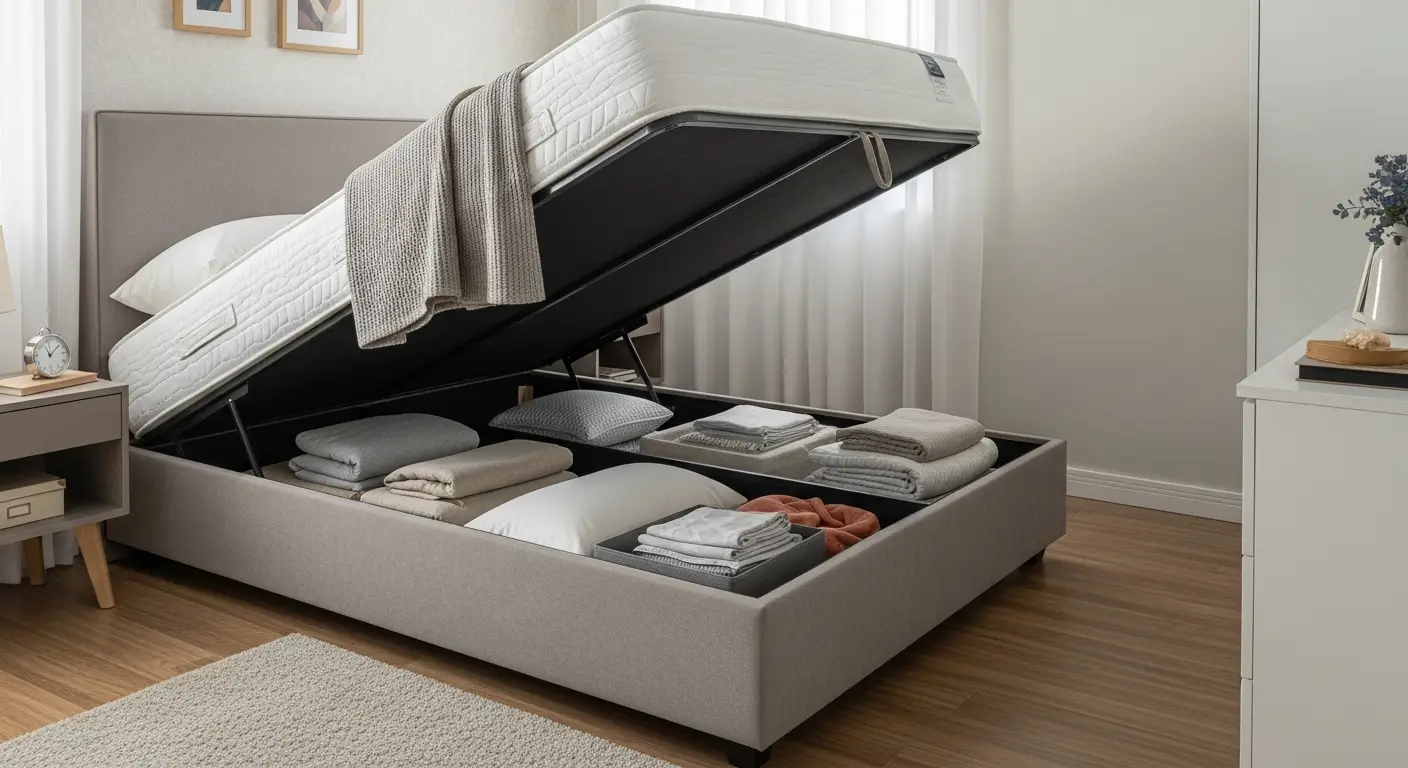 Cama de casal do tipo baú, com o colchão levantado, revelando um grande espaço interno para guardar roupas de cama e outros itens.