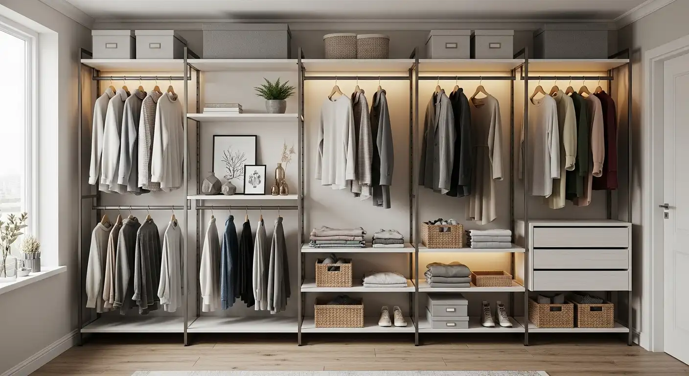 Um closet aberto organizado com araras de roupas, prateleiras e caixas, mostrando uma solução de armazenamento leve e moderna.