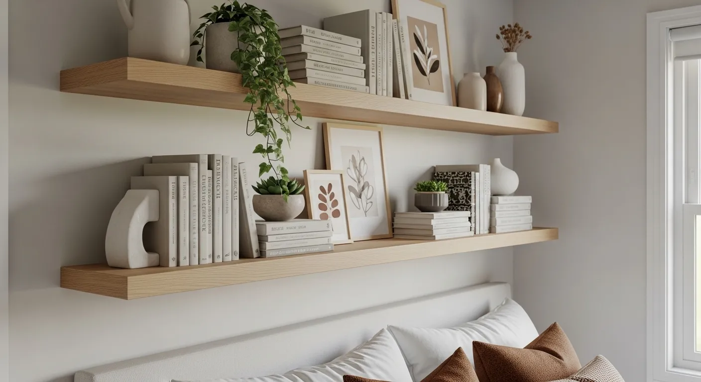 Quarto pequeno com prateleiras flutuantes instaladas na parede acima da cama, usadas para guardar livros e objetos de decoração.