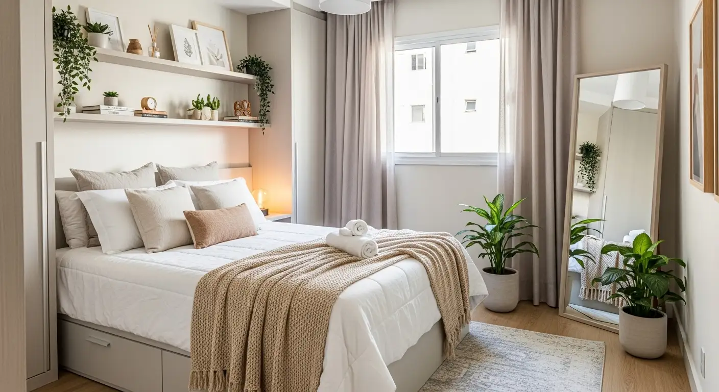 Quarto pequeno, mas muito bem organizado, com cama com gavetas, prateleiras na parede e uma paleta de cores claras que amplia o ambiente.