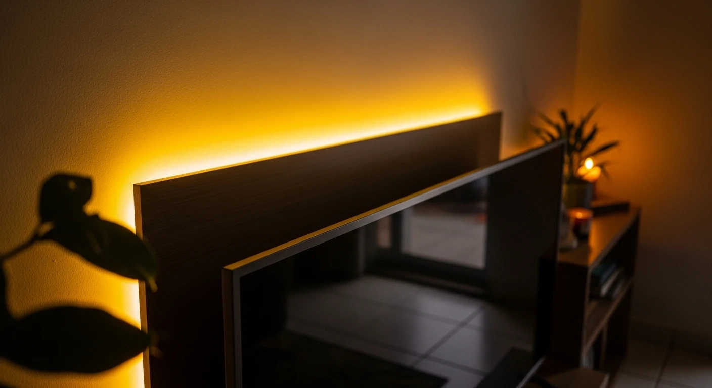 Close de uma fita de LED amarela instalada atrás de uma TV, criando uma luz de fundo suave e aconchegante que melhora a experiência de assistir a filmes.